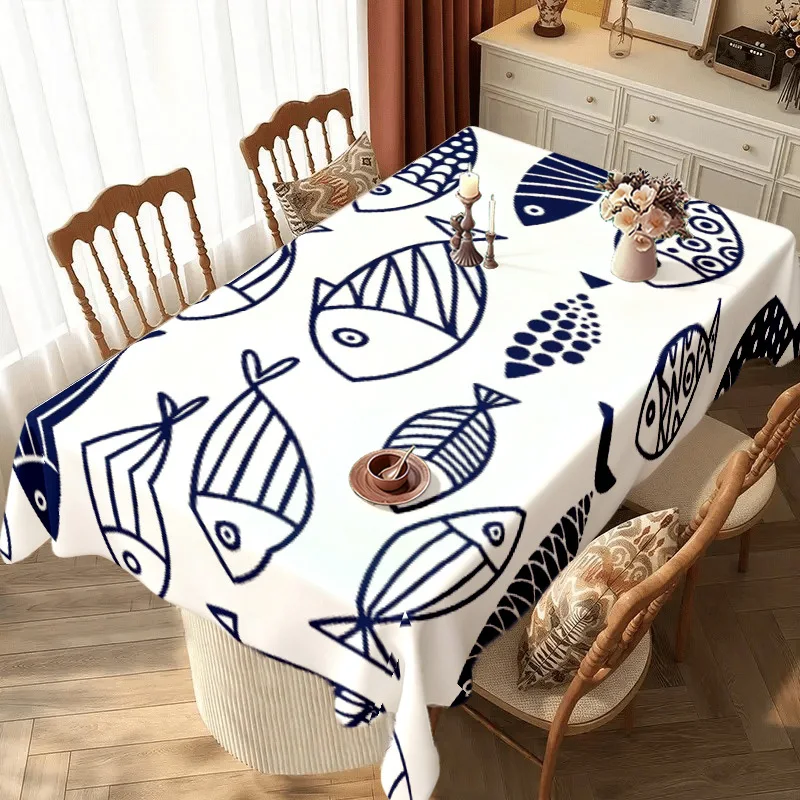 2D Flat Tablecloth 1pc - Blue and White Hand-painted Small Fish 2D Planar Rectangular Tablecloth (yzb)