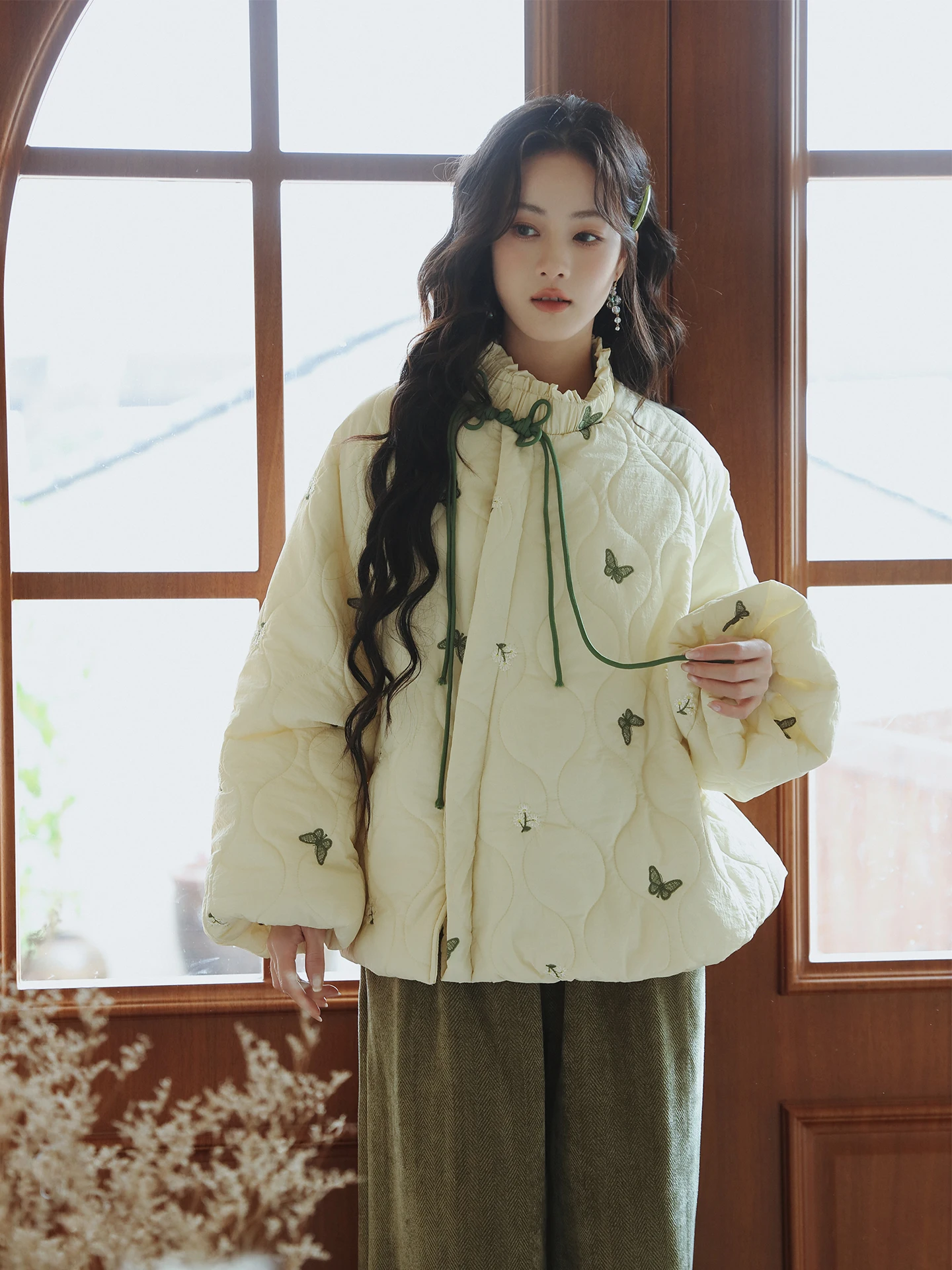 

Зимняя хлопковая куртка Jiyunhe Bud Warm с вышивкой, на флисовой подкладке, свободного кроя, длинная, новогодний комплект