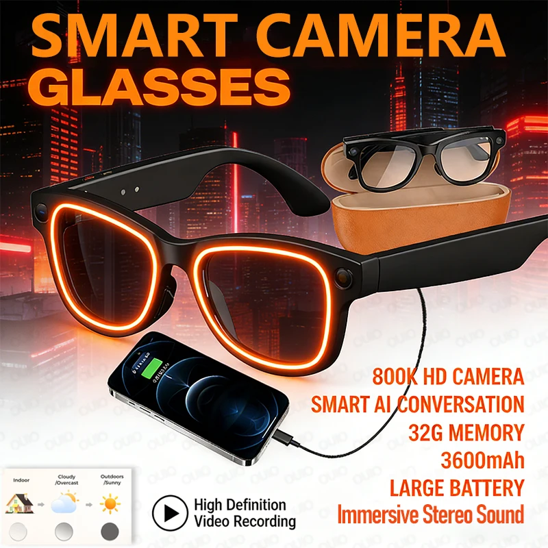 

AI Smart Glasses 800W Pixel Camera Translation AI Voice Anti-Shake Video Record Dual Speaker Charging Case BT Call Smart Glasses