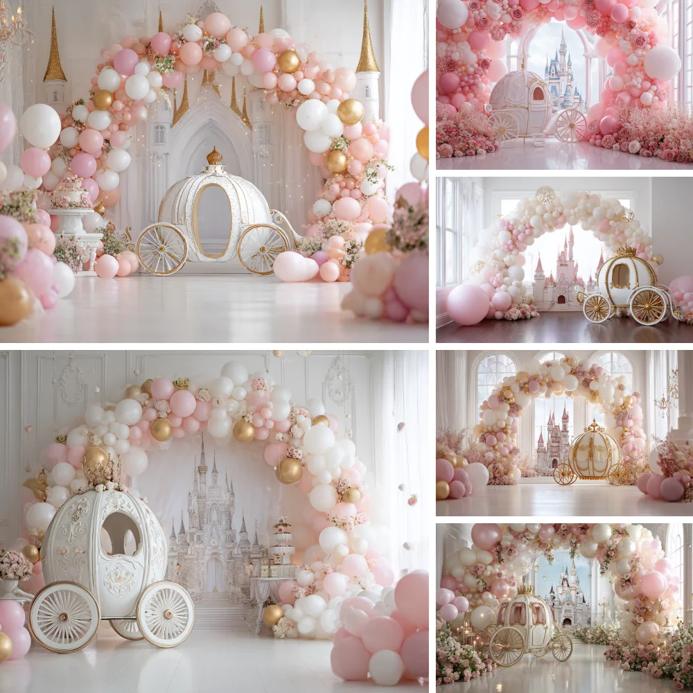Pink Pumpkin Carriage Backdrop for Photography Palace Flowers Balloons Princess Birthday Baby Portrait Decor Photo Background