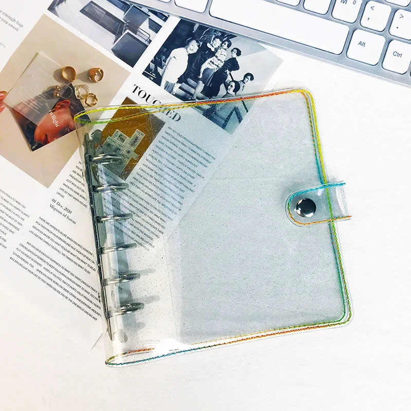 A7 Korean INS Square 6-hole Loose-leaf Transparent Glitter Pvc Goo Card Notebook Journal Notebook A7 Planner Cover Notebook