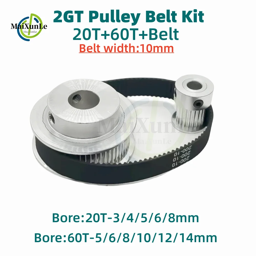 

2GT Timing pulley set 3:1 reduction ratio transmission component GT2 Pulley Belt Kit 60T 20Teeth Belt Width 10mm Bore 3~14mm