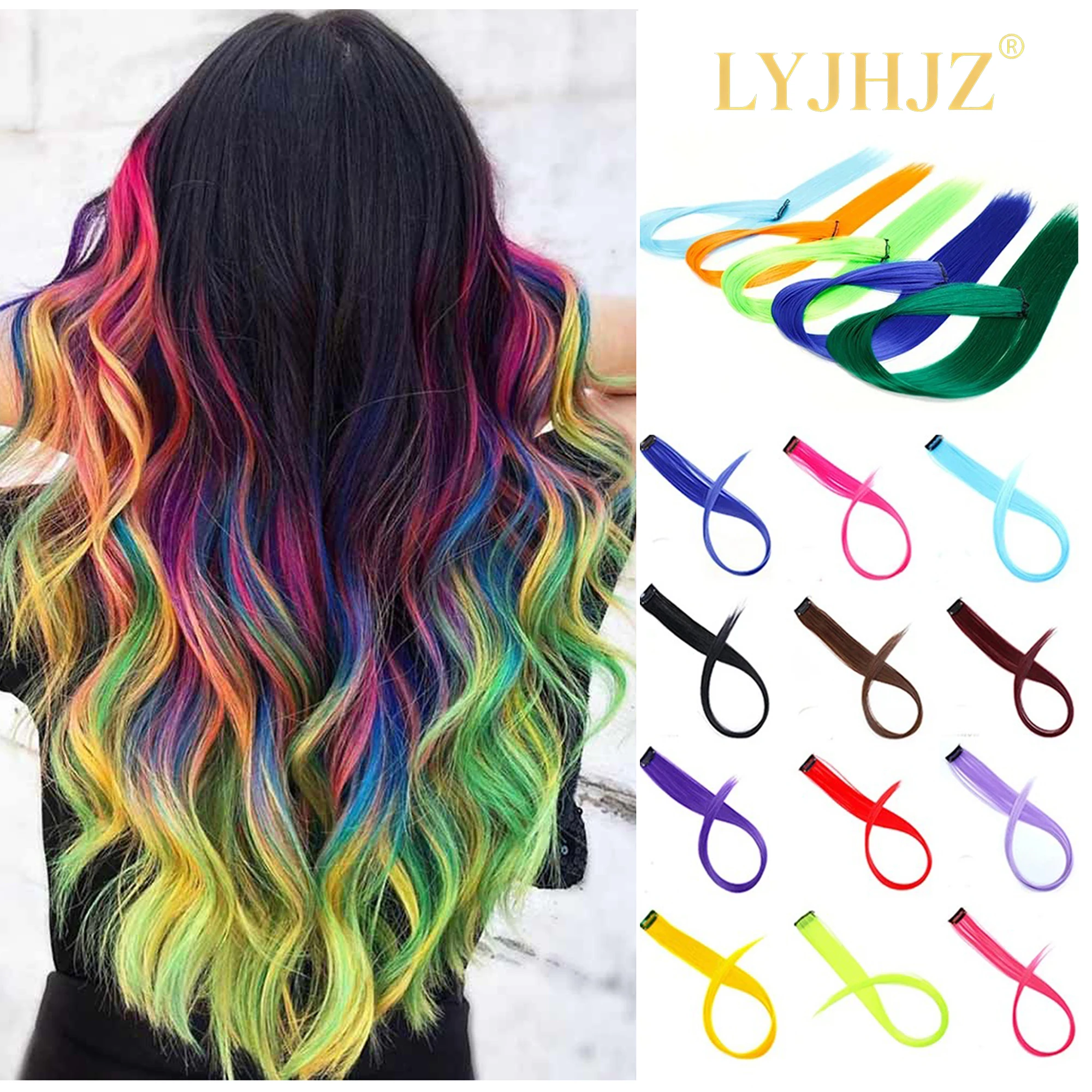 22Inch Synthetic Long Straight Clip In Hair Extensions High Temperature Hairpieces Rainbow Colors Hair Accessories for Women