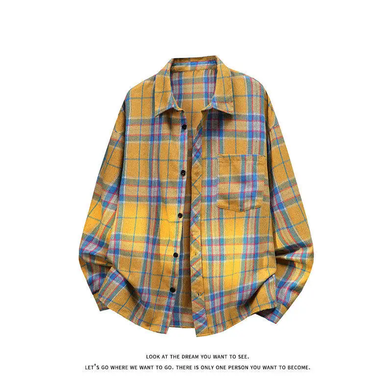

2026 New Style Korean Trendy Retro Checkered Large-Sized Collared Long-Sleeved Men's Fashion Shirt as Underwear for Jacket
