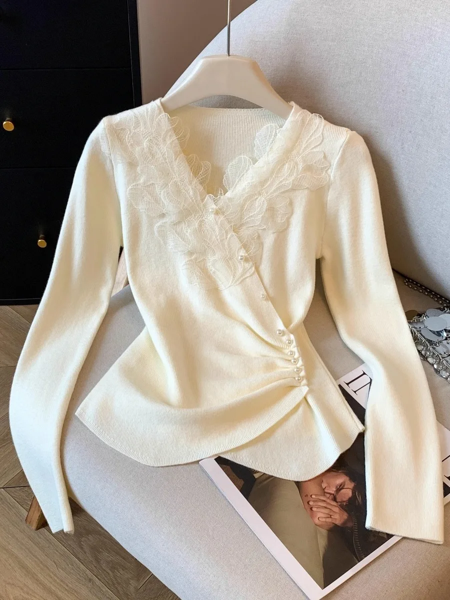 

Французский вязаный топ с кружевными цветами и длинными рукавами, женский пуловер с V-образным вырезом, облегающая базовая кофта для осени и зимы, мода 2026