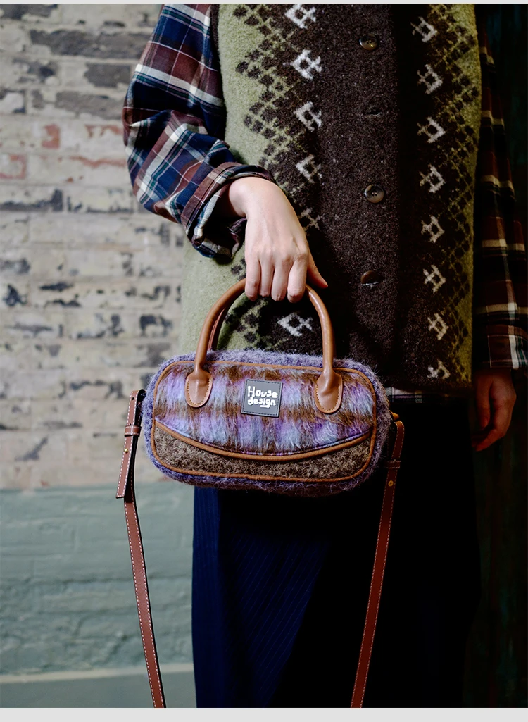 الخريف والشتاء الرجعية الأرجواني الصوفية حقيبة كروسبودي حقيبة البولينج للنساء رائعة أفخم حقيبة كتف محمولة باليد لفتاة