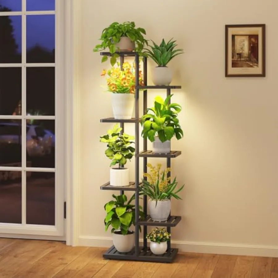 

Indoor Outdoor Plant Stand with Grow Light: 6-Tier Tall Metal Flower Shelf for Heavy-Duty Large Planters, Corner Orchid Display