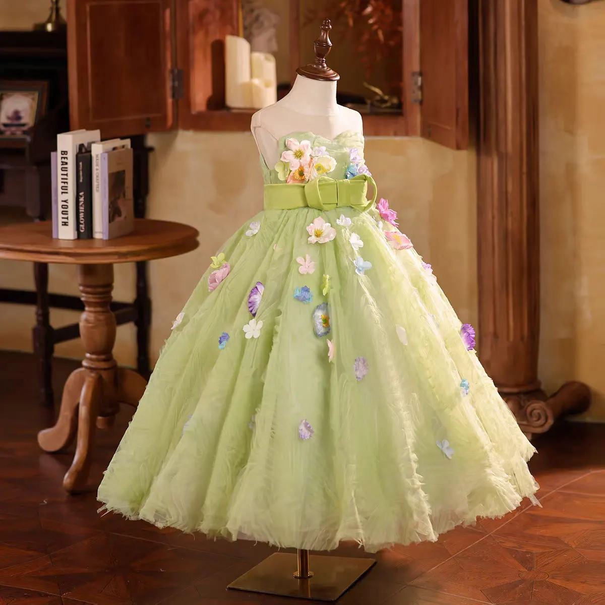 Dreamy Vow D203 Sage Green Floral Flower Girl Dress 3D Flowers Long Princess Kids Wedding Birthday Festival Party Pageant Gown