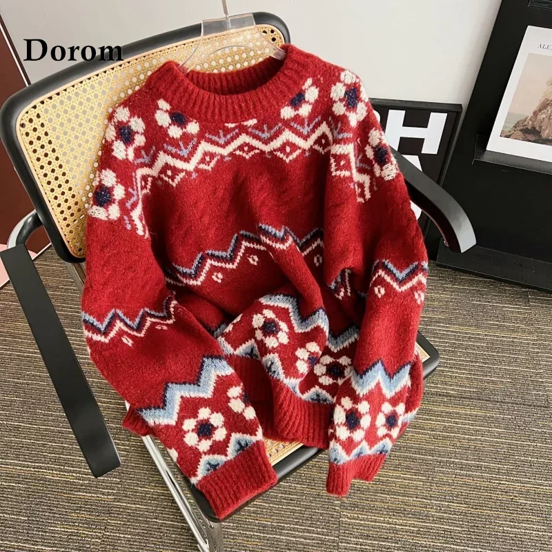 Vintage Flower Christmas Sweaters Women Autumn Japanese O-Neck Loose Pullover Tops Female Harajuku Casual Warm Knitted Jumpers