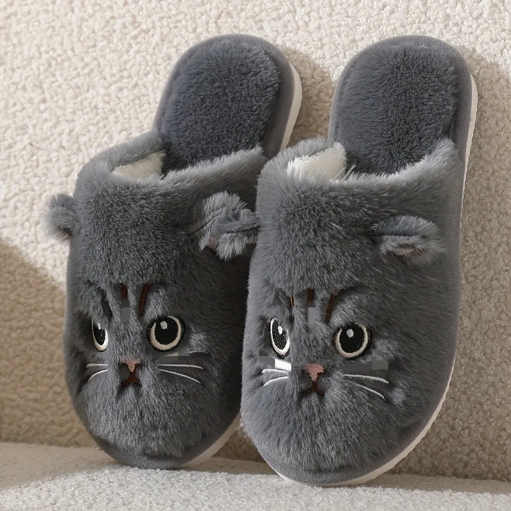 

Cat Pattern Print Winter Home Warm Slippers Non-Slip Soft Fabric Couples Slippers Fluffy Texture Comfortable Slippers