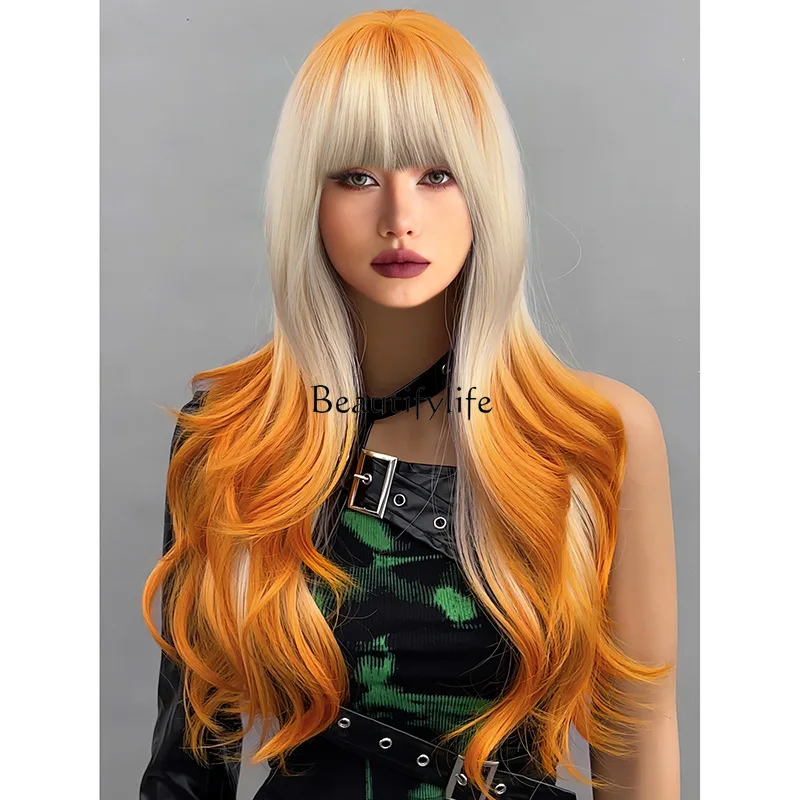 Wig full head hairstyle orange gradual change long curl layered fluffy natural micro curl water ripple