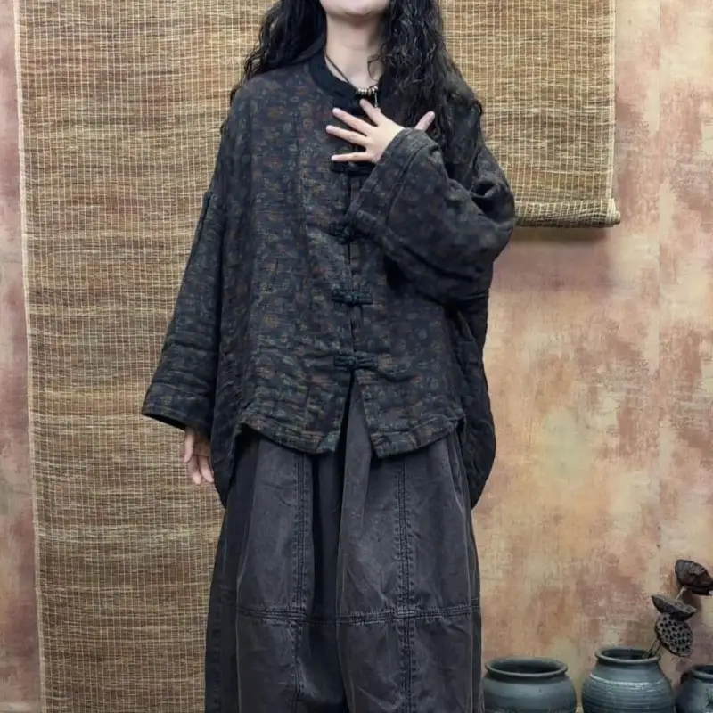 Spring Autumn Arts Style Women Batwing Sleeve Stand Collar Print Jackets Vintage Single Breasted Loose Coats High Quality S452