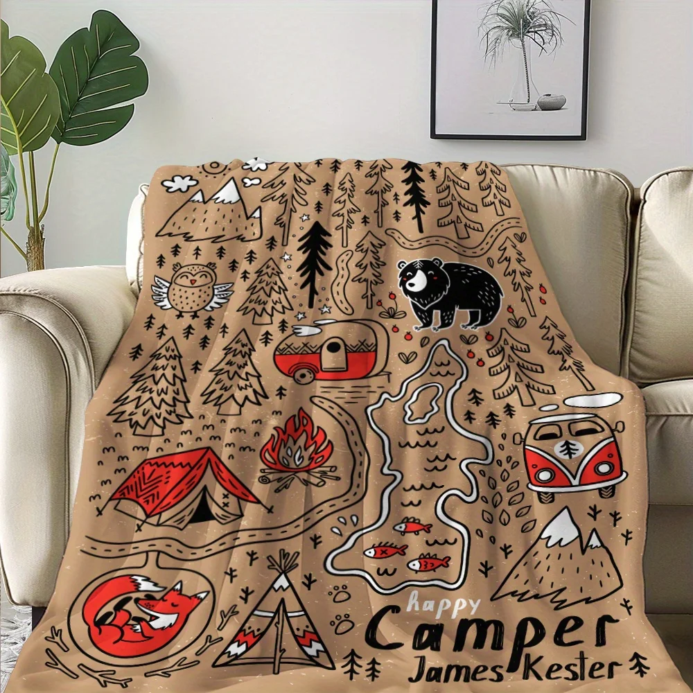 Manta de franela de camper de dibujos animados: suave para todas las estaciones, para acampar, viajar a casa, regalo para la