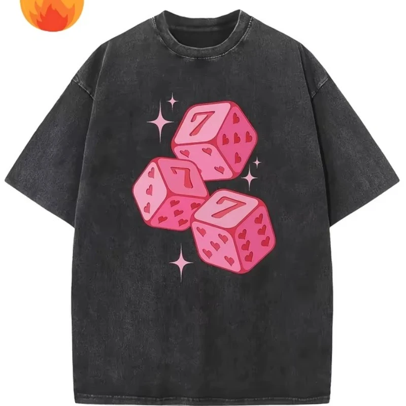 Pink Heart Dice Graphic Tee Lucky7 Casino Print Heavyweight Acid Wash Loose Plus Size Tshirt UPS/FEDEX Air, 3-5Day Delivery