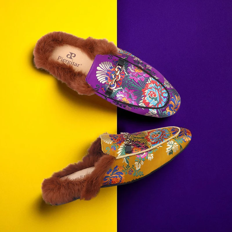 Piergitar 2026 Chinese-Style Purple And Gold Flower Silk Men's Mules With Insole Rabbit Fur Fashion Slip-On Horsebit Slippers