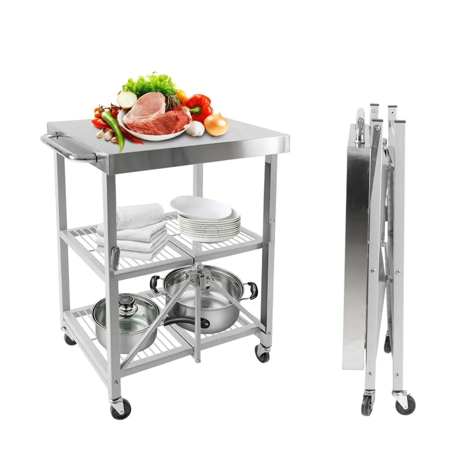 Stainless Steel Table 3-Tier Foldable Rolling Cart for Kitchen Outdoor Camping