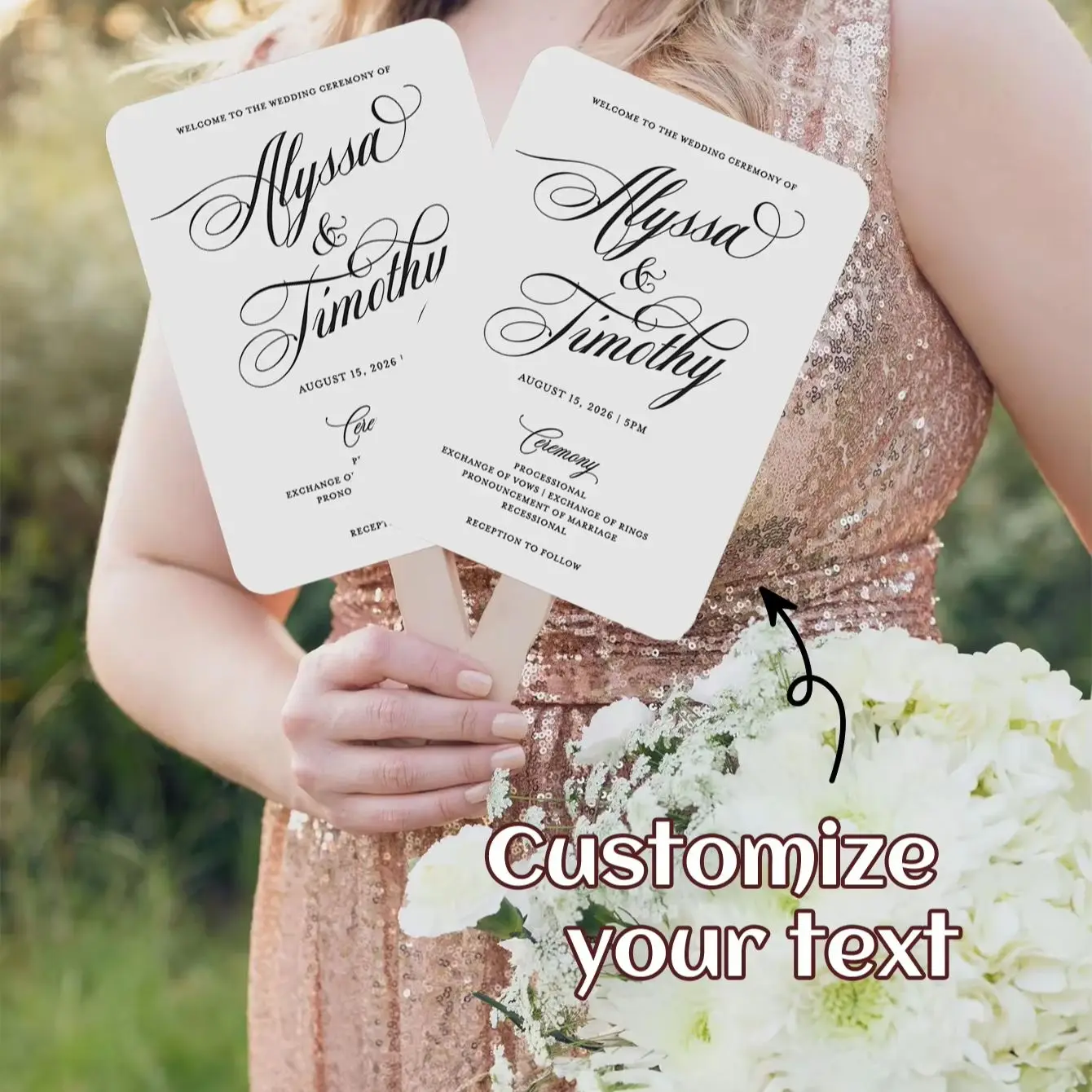 Custom Wedding Program Fans for Guests, Personalized Text Ceremony Paddle Hand Fans, Minimalist Black Script Welcome