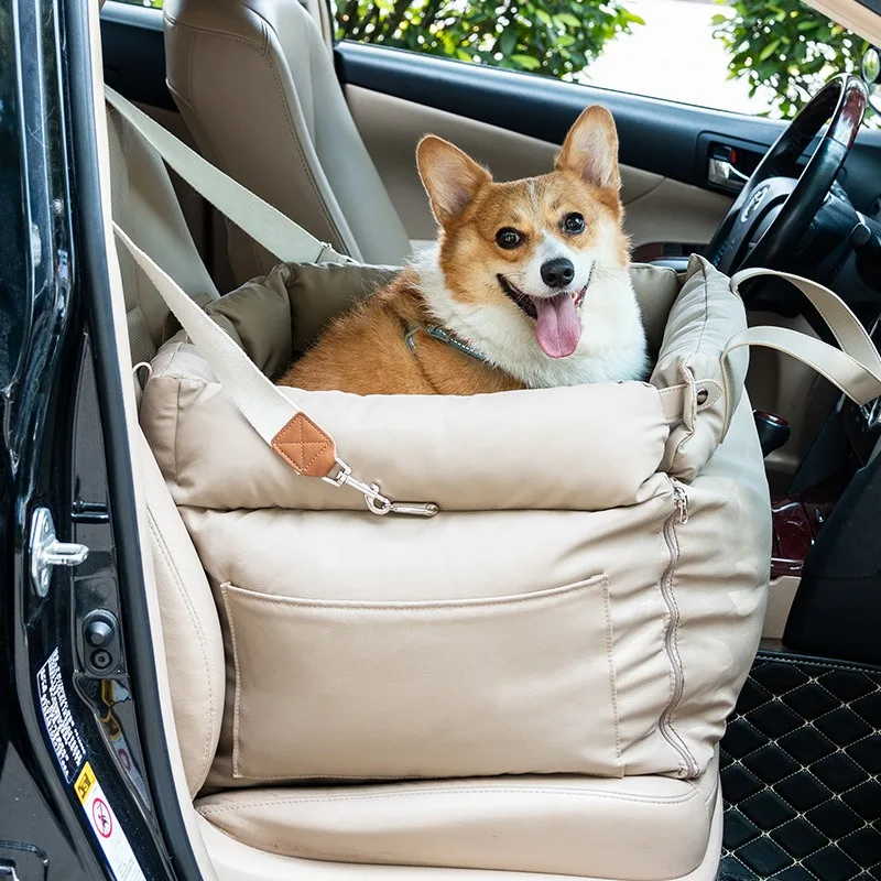 Luxury Faux Leather Pet Car Booster Seat for Cats and Dogs – Safe Travel Kennel with Adjustable Belt
