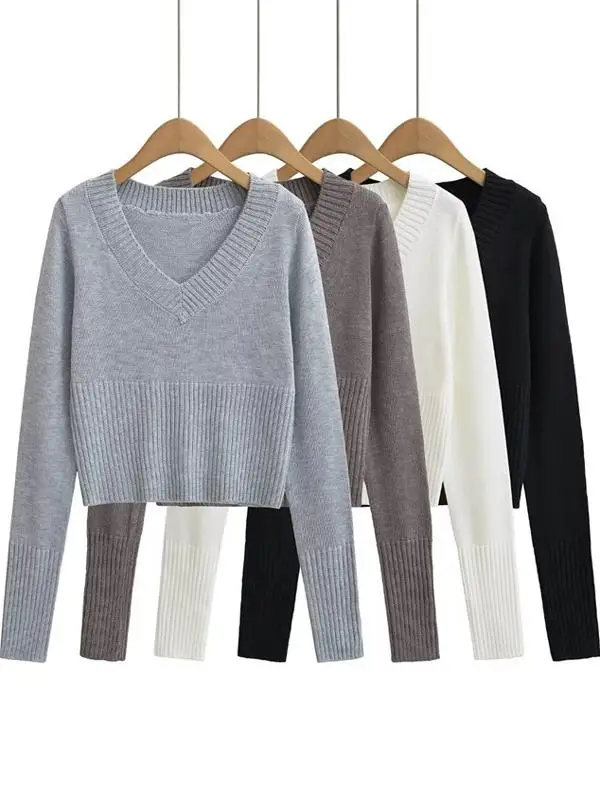 

Slim Fit ort Knitted Sweater Women's Autumn Long Sve V-Ne Waist-Cinching Street Sle Base Layer Inner Wear Top