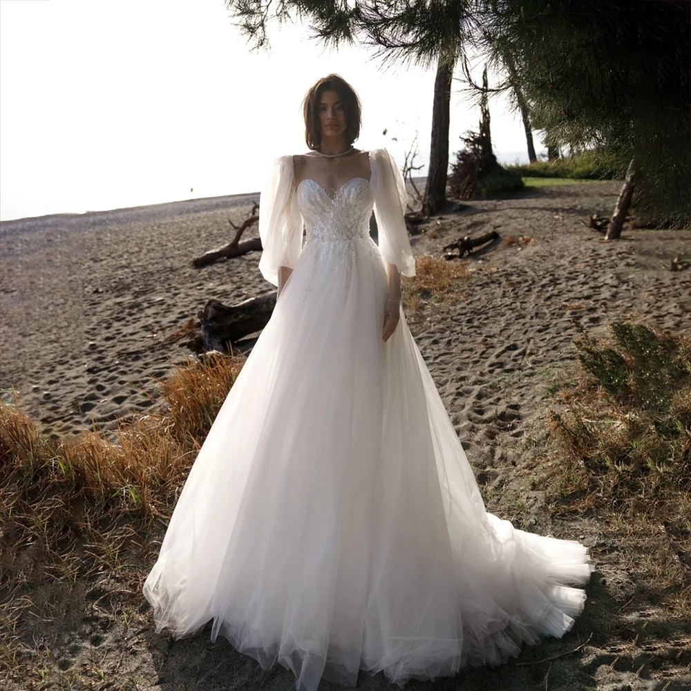 Weilinsha Wedding Dresses 2022 Appliques Sweetheart Boho A-Line Tulle  Gowns Lace Up Back L;ong Puffy Sleeves Sweep Train