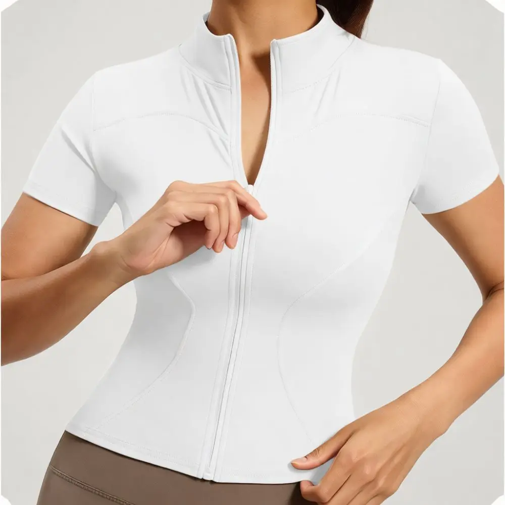 Short Sleeve Yoga Shirt Women Stand Collar Gym Workout Top Quick Dry Fitness Breathable Athletic Apparel Slim Elastic Training
