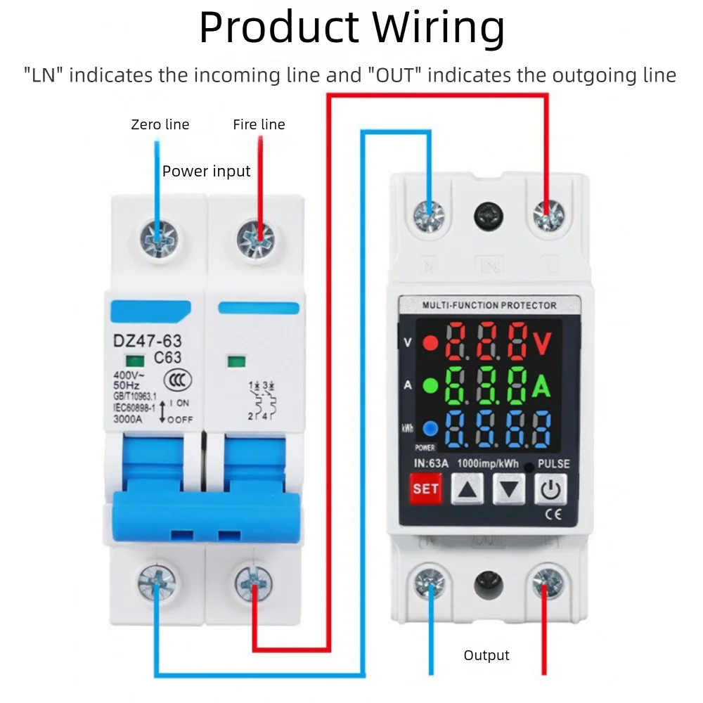 

63A Din Rail 3-in-1 Display Adjustable Over Voltage Current and Under Voltage Protector Device Timer Relay Voltage Power Meter