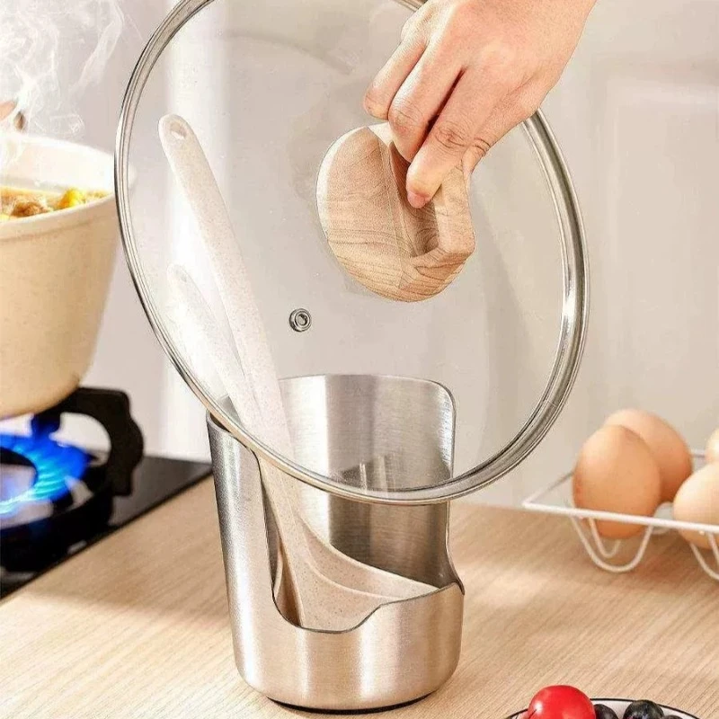 2 in 1 Kitchen Organizer for Spoons Stainless Steel Spoon Holder Rack Steel Lid and Utensil Holder Multipurpose Kitchen Tools