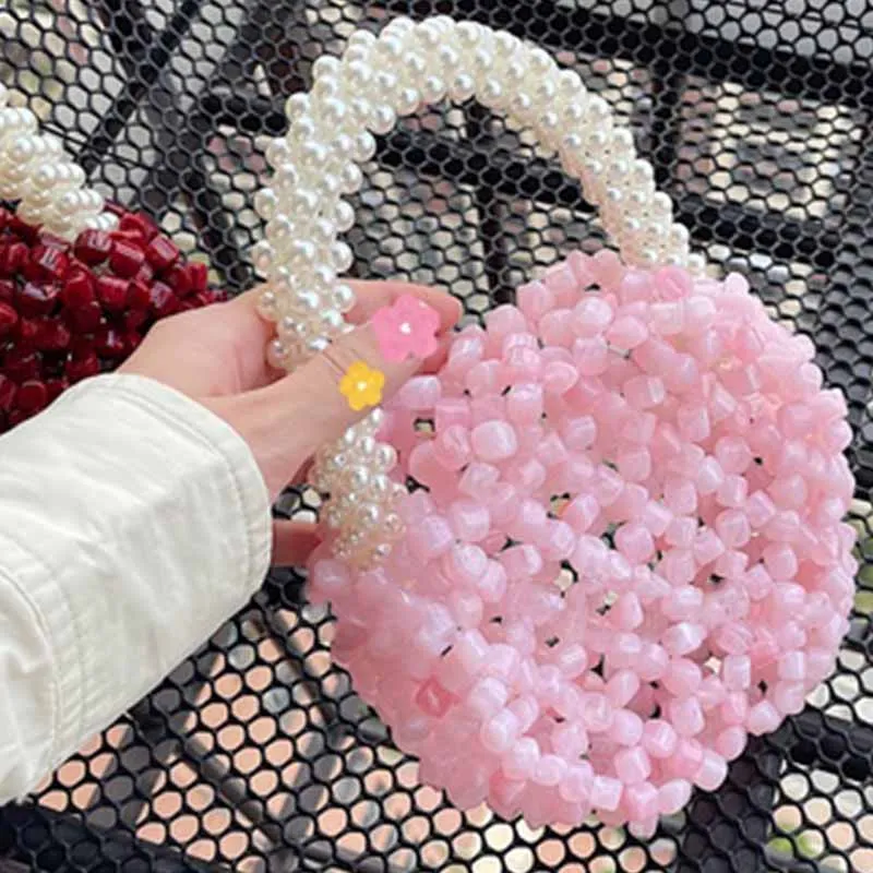 Pomegranate Retro Hollowed-out Red Cherry Pink Round Cake Imitation Pearl Handbag2022 Two-color Imitation Jade Small Square Bead