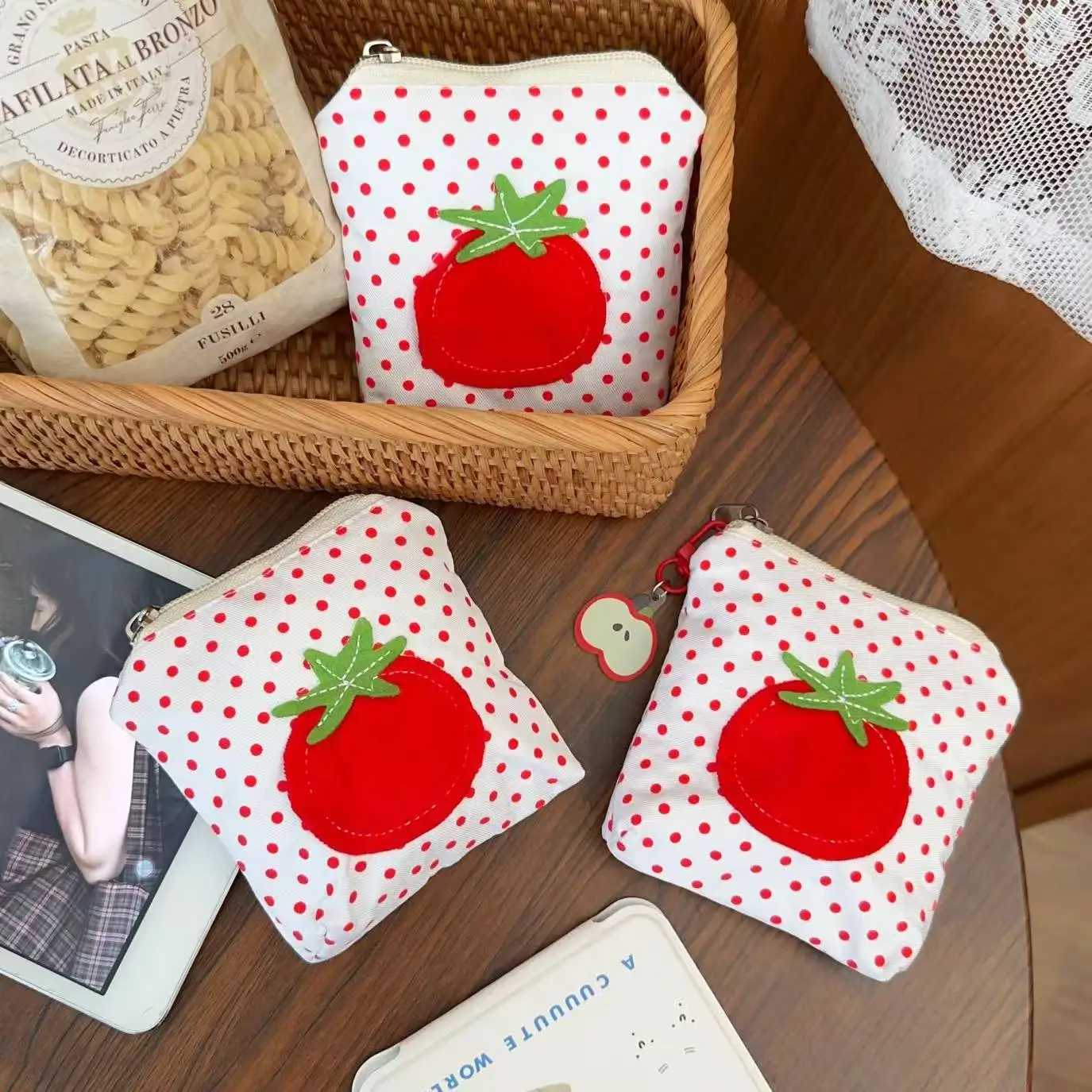 New Red Polka Dot Tomato Mini Coin Purse Korean Compact Portable Lipstick Earphone Storage Bag Versatile Small Accessories Bag