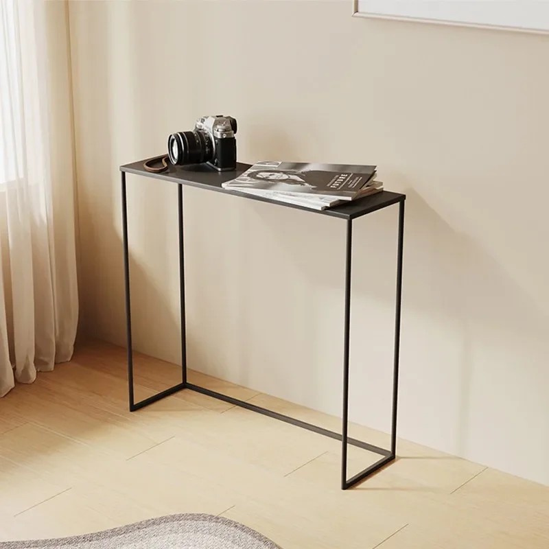 Nordic foyer, entryway, modern and simple, extremely narrow long table, floor-to-ceiling sofa, sandwheat iron shelves