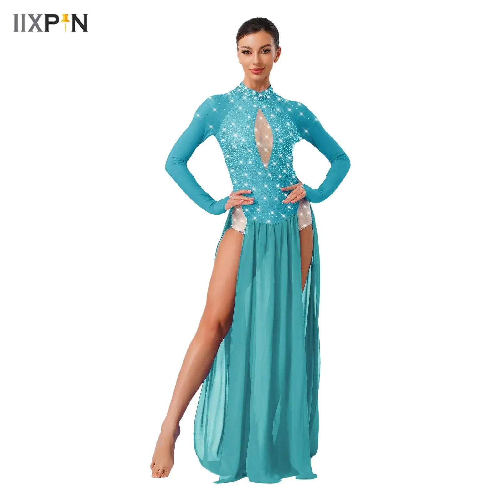 

Women's Shiny Rhinestone Lyrical Dance Dress Long Sleeve Backless Chiffon Slit Hem Maxi One Piece Leotard Dress Modern Dancewear