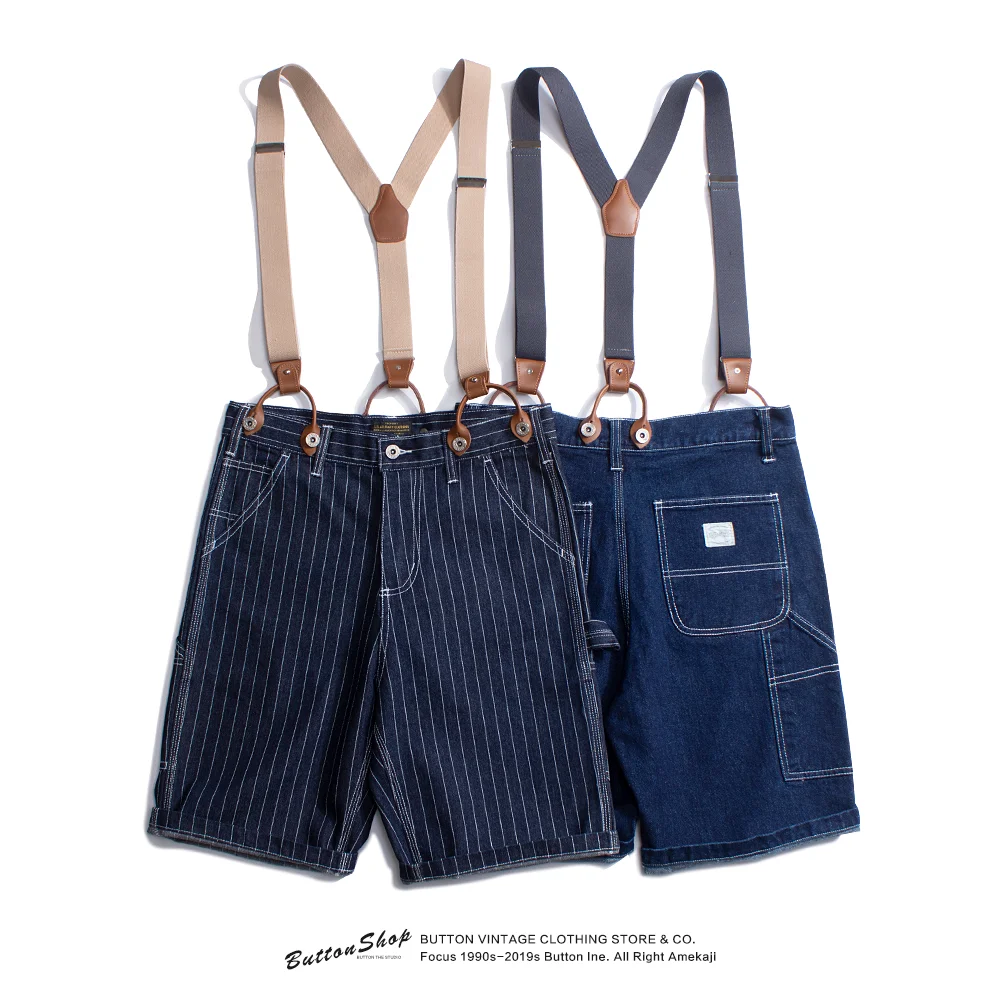 

Retro Amekajie Men's Cargo orts with Straps Casual Cotton Denim Stripe Workwear Pants mid Waist Straight Leg Summer orts