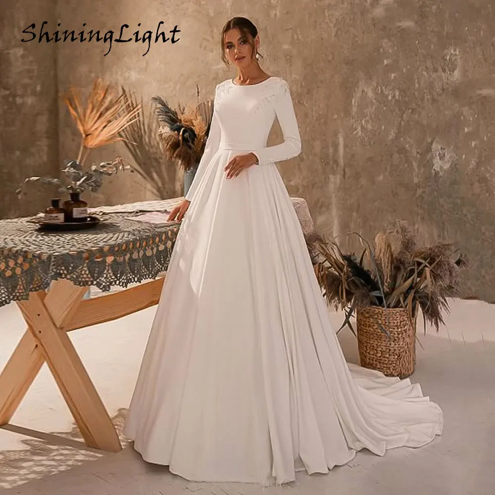 

ShiningLight Classic Long Sleeve Wedding Dresses Scoop Neck Elegant Simple A Line Satin Wedding Dress for Women Customized