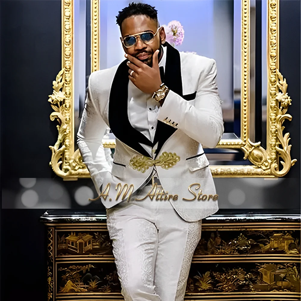 White Jacquard Men's 3-Pcs Suit Black Velvet Shawl Lapel Blazer Vest Pants Set for Wedding Groom Ball Party Handmade Tuxedo