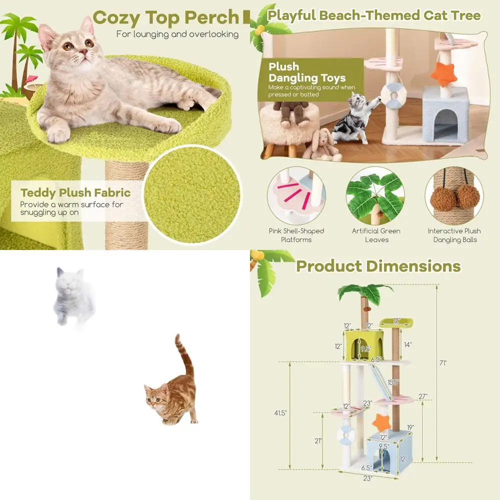 

71 Beach-Style Cat Tower, 2-Story with Sisal Scratching, Condos, Perch, Plants, Toys