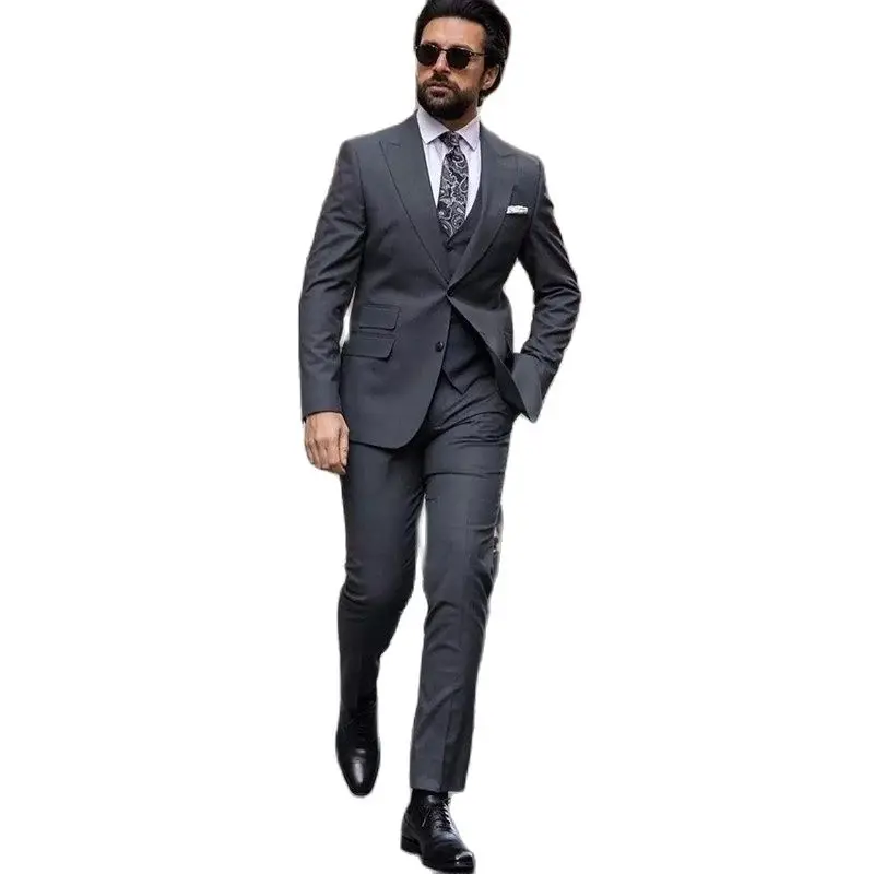 

Dark Grey Men Suits 3 Pcs Business Office Wear Blazer Peaked Lapel Single Breasted Tuxedos Groom Wedding Clothing Coat+Vest+Pant