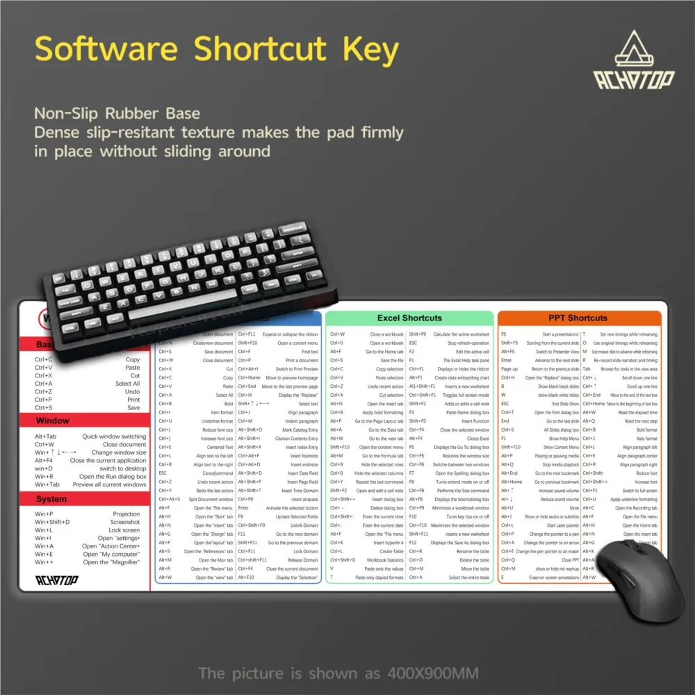 Windows Shortcuts Keys Mouse Pad Large Extended Excel Powerpoint Word Software Gaming Desk Keyboard Mousepad with Stitched Edge