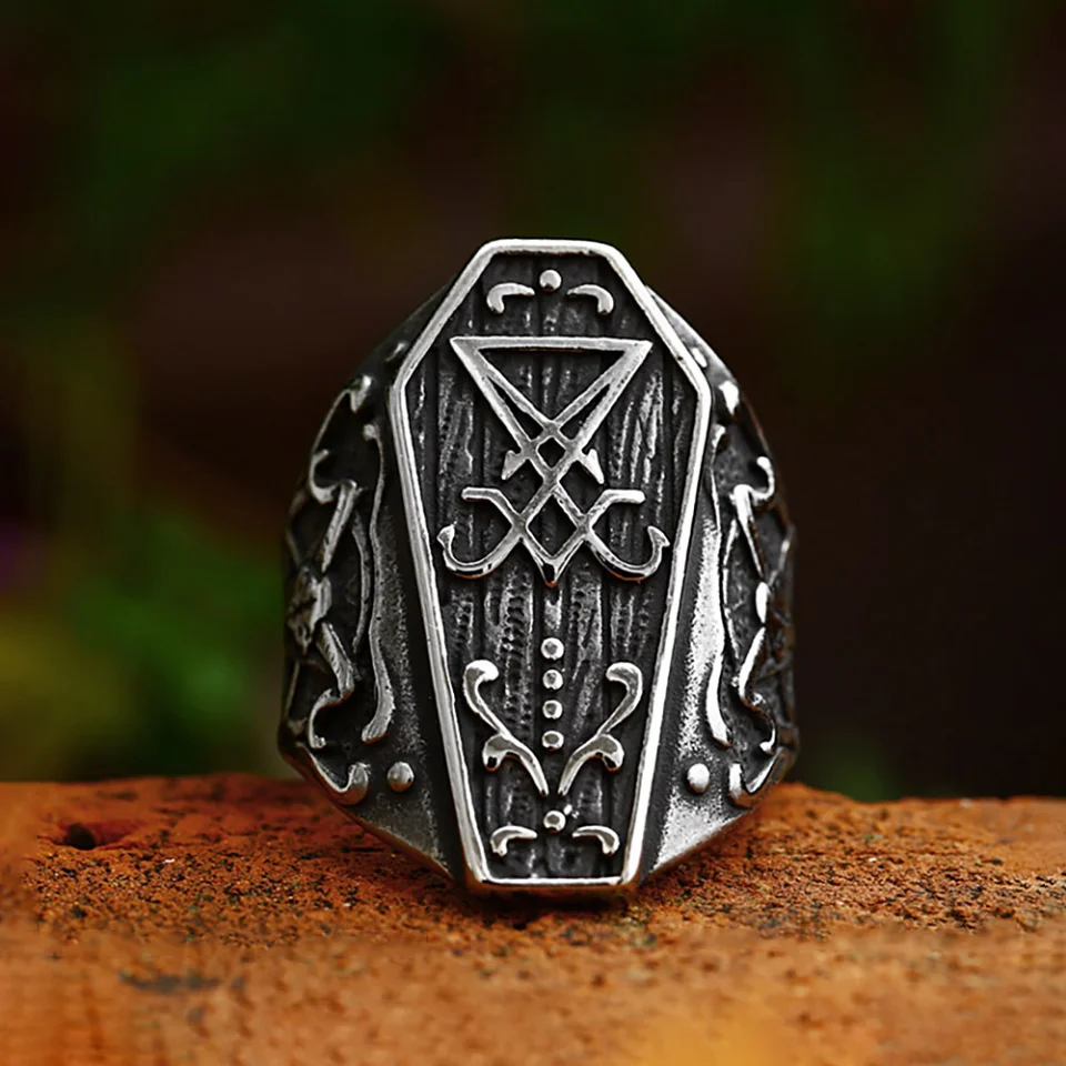 New Vintage Lucifer Satan Coffin Ring For Men Boys 316L Stainless Steel Sheep Head Rings Punk Biker Amulet Jewelry Dropshipping