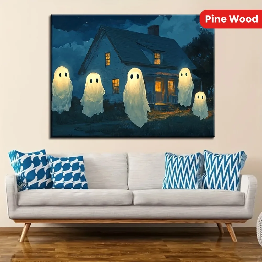 Moldura de madeira maciça de 1,5 polegadas, fantasma fofo na floresta, pôster retrô de arte gótica estampada, mural de Halloween com estampa da Academia Escura