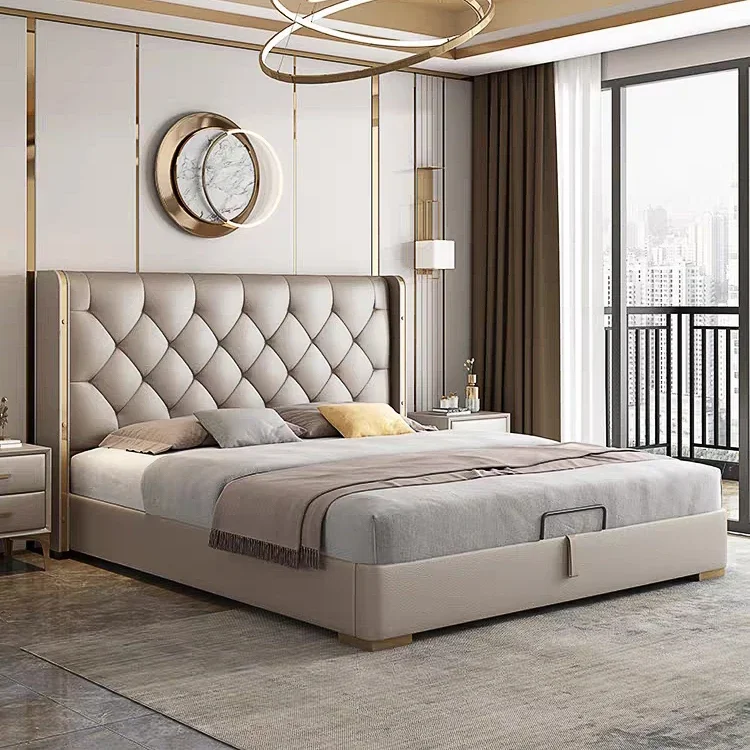 Italian Style Luxury Bedroom Furniture Set Leather Modern Beds Double King Size Wooden Storage Bed With Headboard