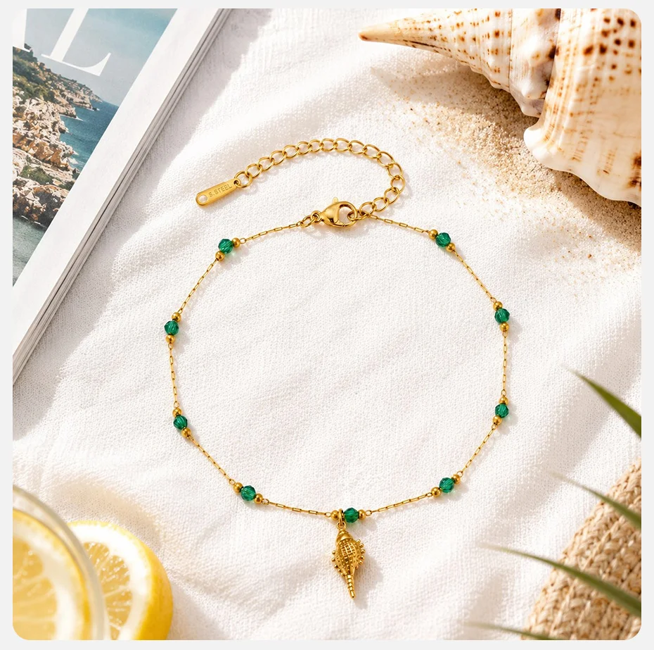 Vnox Bohemia Grüner Kristall Muschel Tropischer Fisch Anhänger Quasten-Fußkettchen für Damen, vergoldet, wasserdicht, Sommerurlaub Fußschmuck – Detail 8