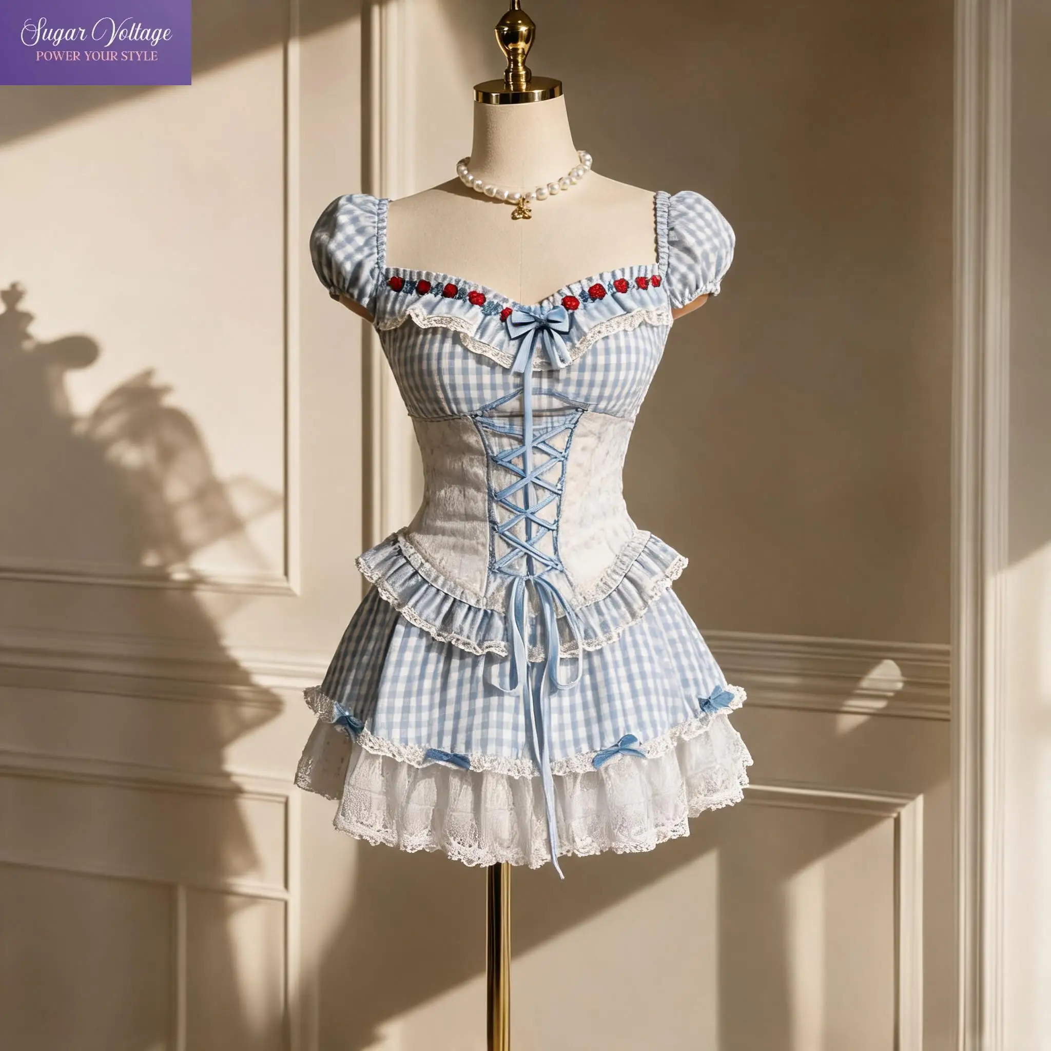 

Sweet Lolita Blue White Gingham Plaid Embroidery Flower Puff Sleeve Lace Ruffle Bow Corset Top 2 Pcs Set Women Girls Party Wear