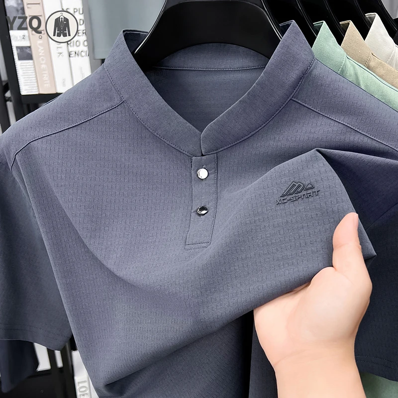 Mens Sport Mandarin Collar Style Short Sleeve Polo Shirt Casual Tops With Buttons Soft Lightweight Mesh Tees For Men - view 4