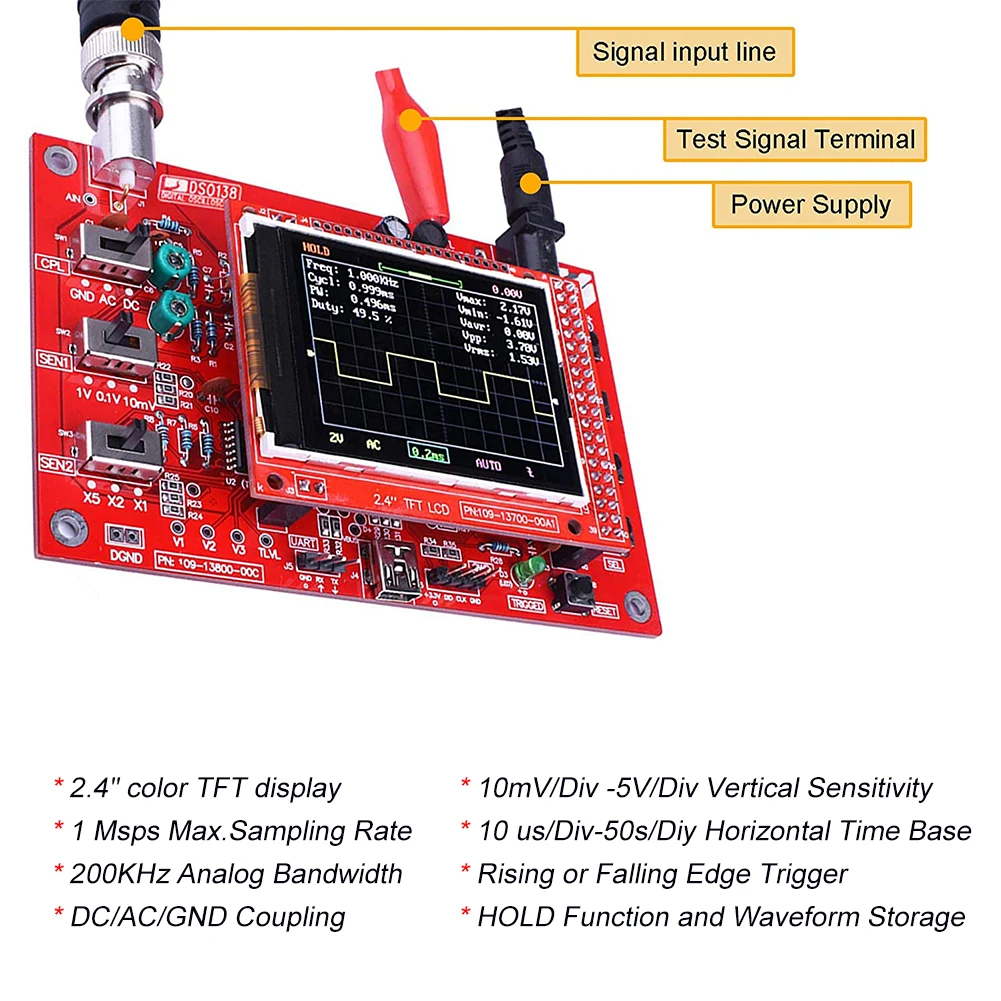 DIY Mini Oscilloscope 2.4" TFT 1MSPS LCD Display Digital Oscilloscope Kit Handheld Pocket Sized Acrylic Case Fully Assembled