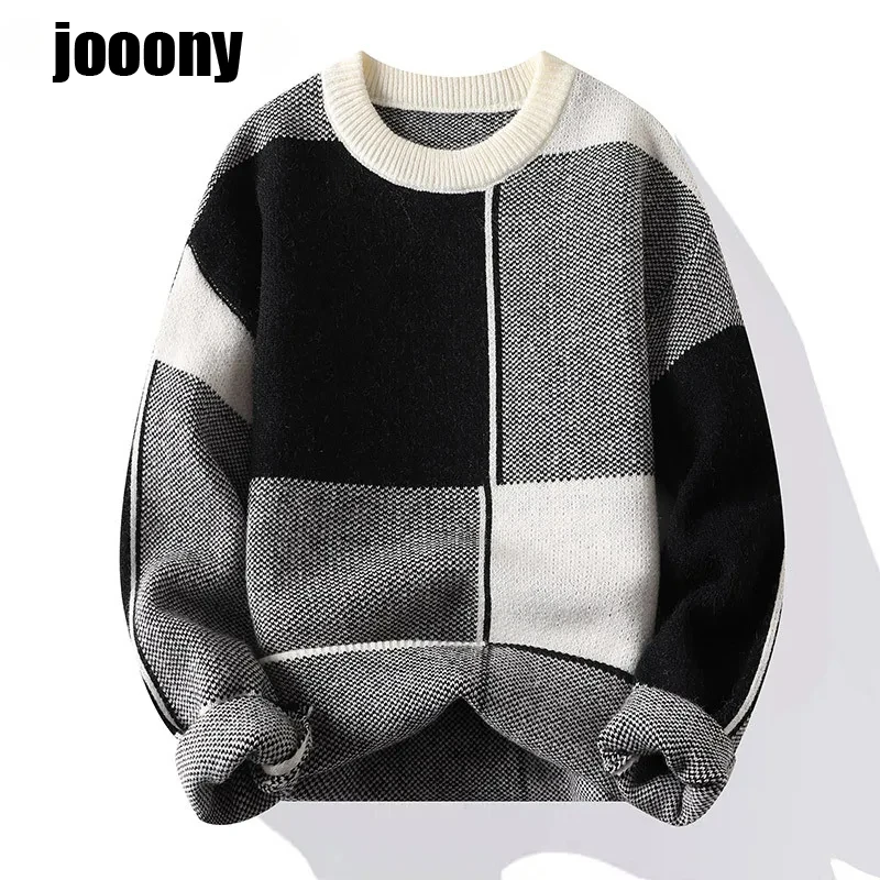 2024 New Fashion Patchwork Knitting Trend Checkered Autumn Winter Warm Knit Men's Casual Loose Comfortable Thickened Sweater