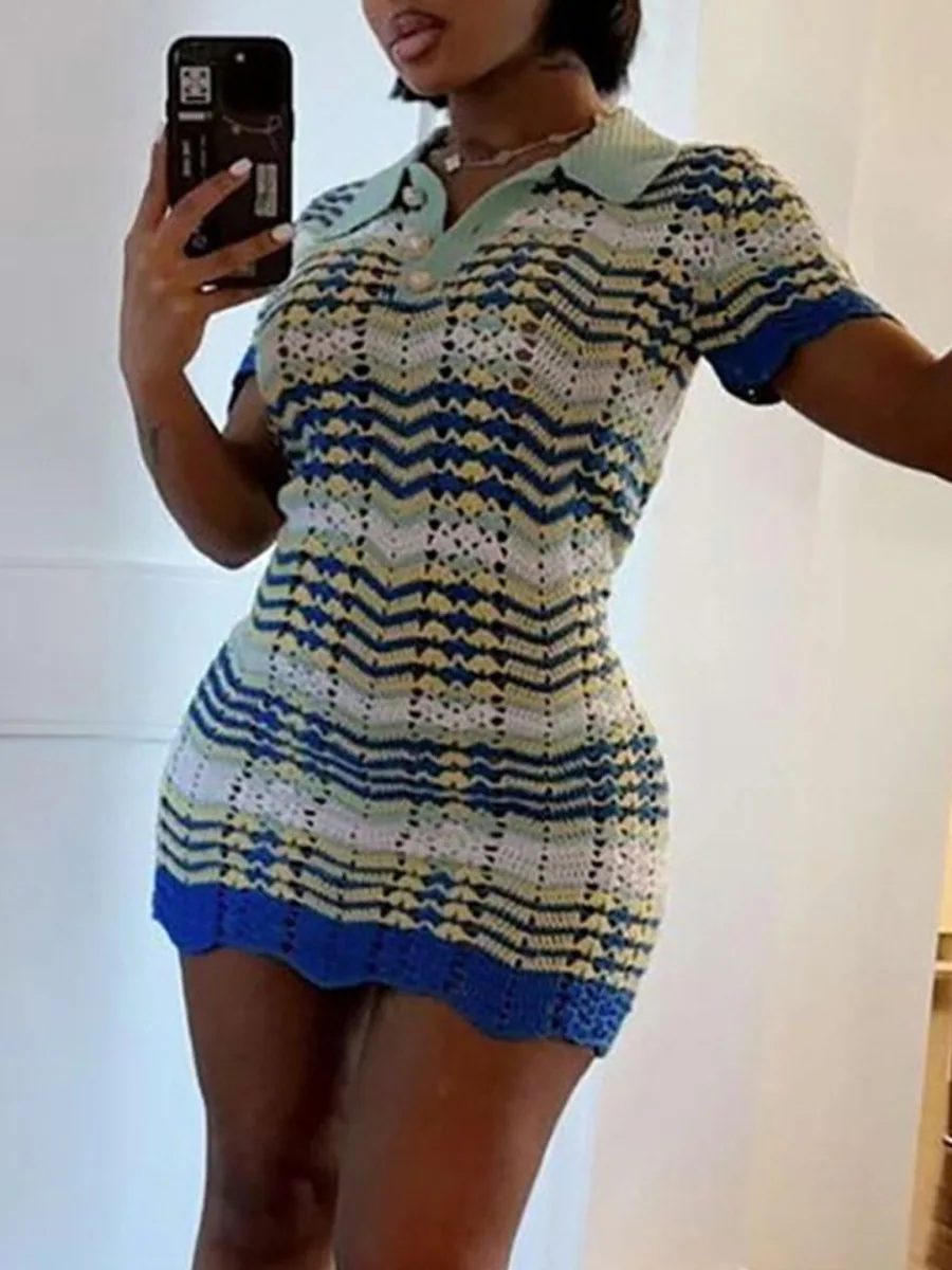 LW Vacation Mesh Striped T-shirt Dress 2024 New In Women Summer Mixed Print  Short Sleeve Striped Wrap Mini College Dresses