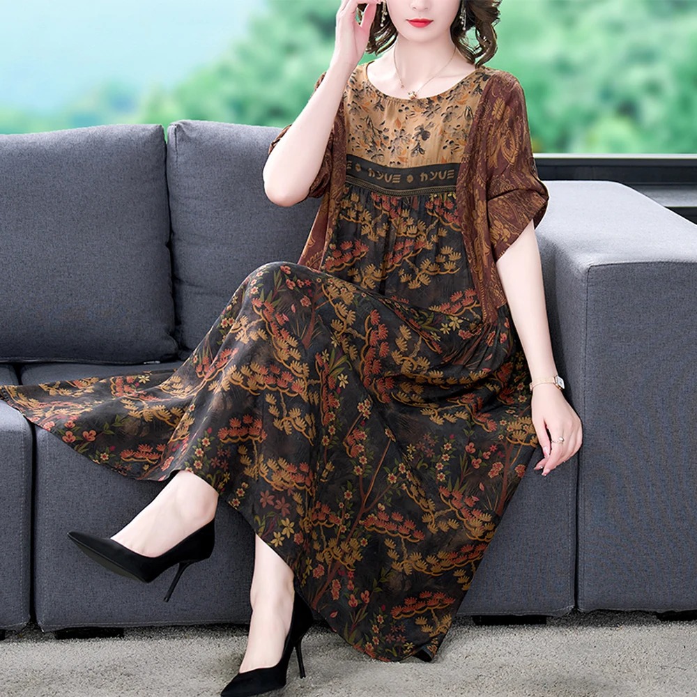 NYFS 2024 Summer New Vintage Patchwork Womens Dresses Vestidos Robe Ete Femme Elbise Loose Human silk Short Sleeve Long Dress