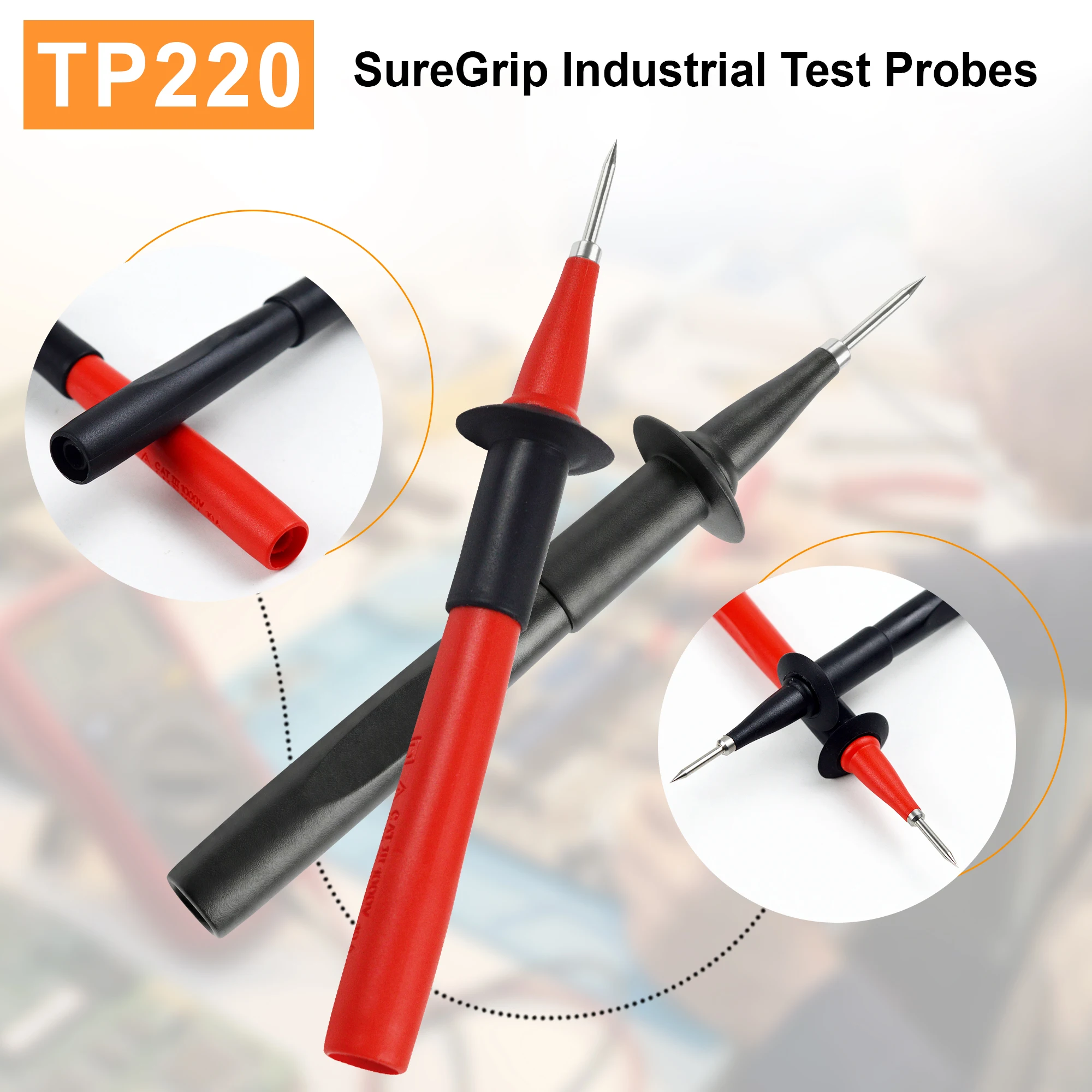 ZIBOO TP220 2 Piece Sure Grip Industrial Test Probes Set with Stainless Steel Tip, 1000V Voltage, 10A Current, 2mm Tip Diameter.