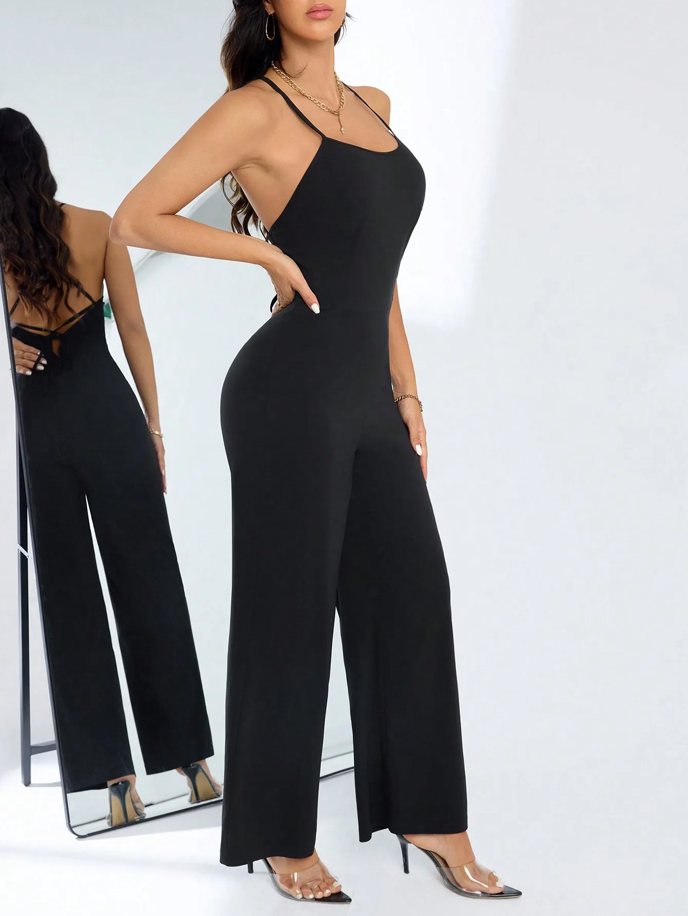 

Минималистичный черный комбинезон без рукавов с тонкими бретелями, открытой спиной и завязками, повседневный комбинезон с широкими штанинами, комбинезоны для женщин