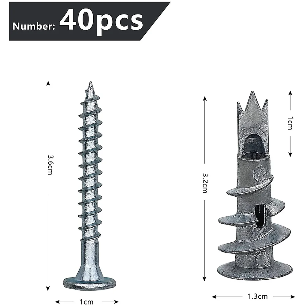 40 Pcs Metal Self Drive Anchor Plasterboard Dowels with Screws 4.5 x 35mm for Single-Layer and Double-Clad Plasterboar